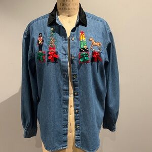 Vintage Christmas Jean shirt by Casey & Max Denim embellished Shirt Embroidered
